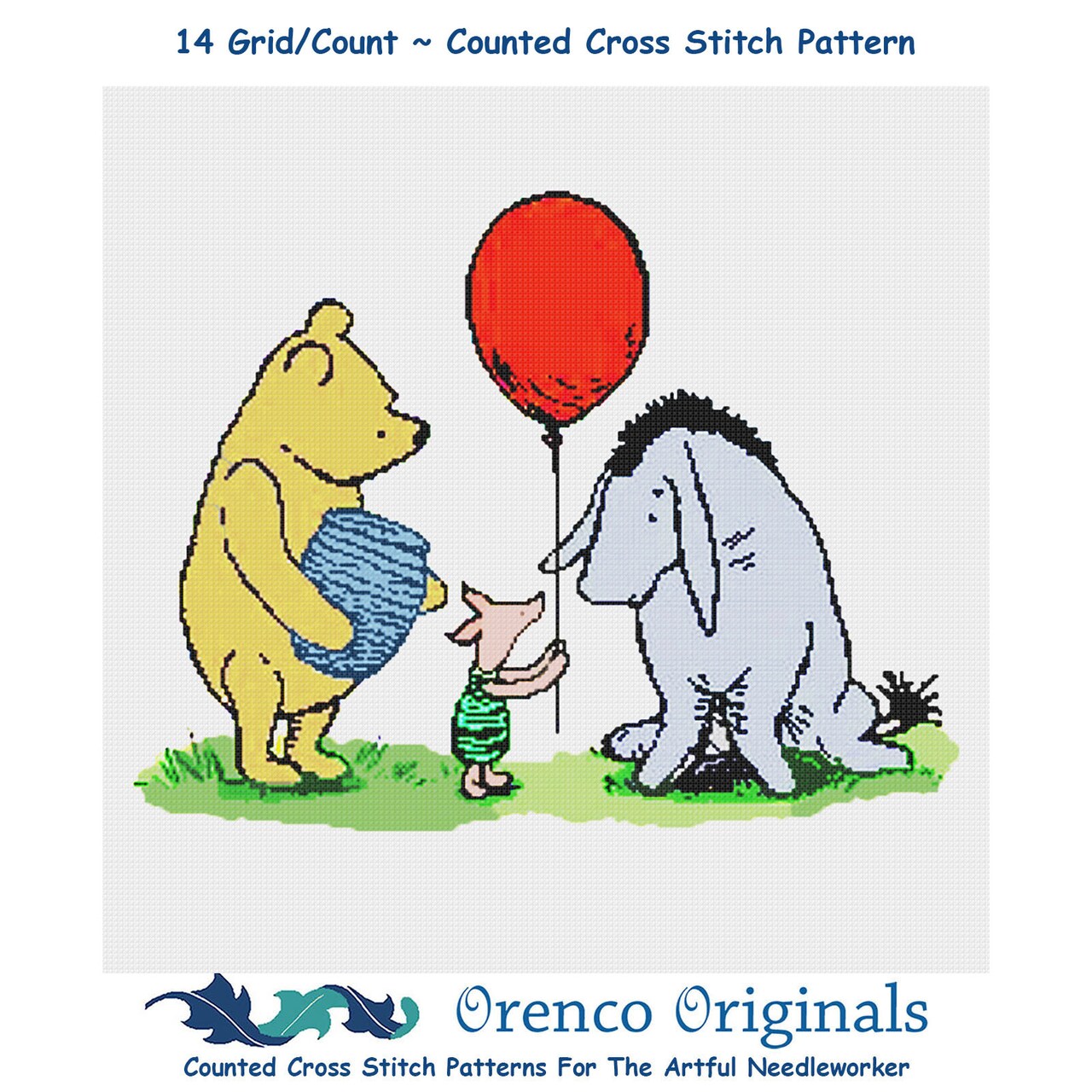 Pooh Bear Piglet Eyore Red Balloon Counted Cross Stitch Pattern